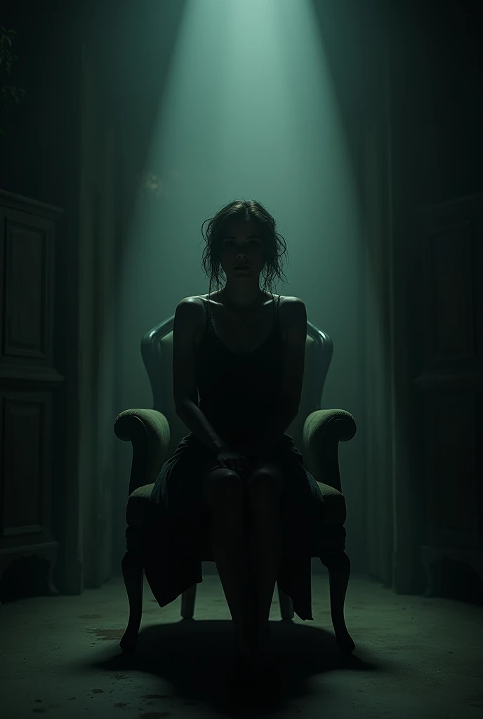  Room of Darkness 、A woman with disheveled hair is sitting on a chair and waiting