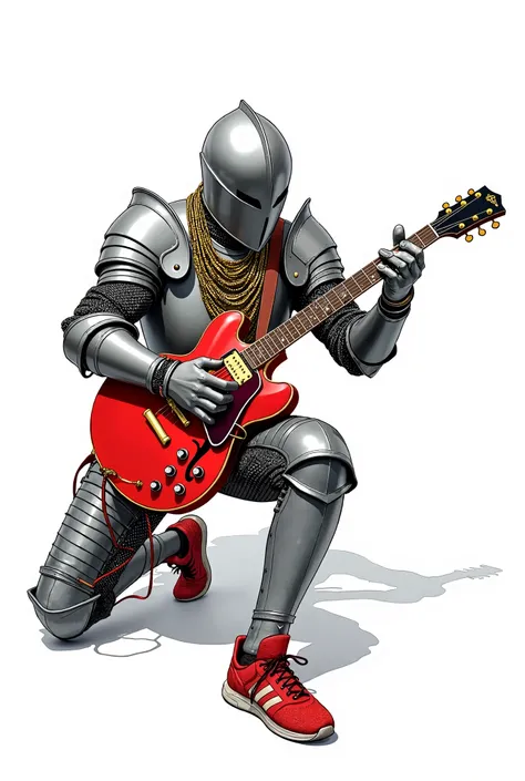 Highly detailed full-body bold line vector illustration of a medieval knight in armor, playing a guitar fiercely. Multiple gold necklaces and Adidas shoes. They perform a lively performance with a red Gibson guitar. Extreme dynamic pose. Character kneels f...