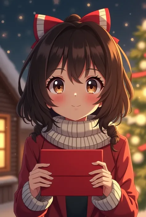  Young dark brown woman with slightly wavy hair a little long past her shoulders ,  with lenses with a tender smile ,  dark brown eyes delivering a Christmas card to those who observe the image breaking the fourth wall in the Christmas background, Drawn in...