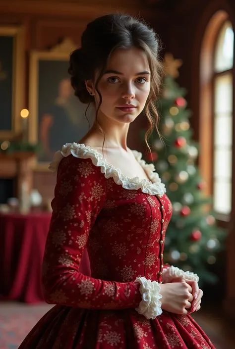  image where you can see the whole figure of a 20-year-old girl.  the girl is brunette and has her hair tied up ,  wears a Christmas dress from 1890 .  She is in a majestic and Christmas house , In Victorian style  