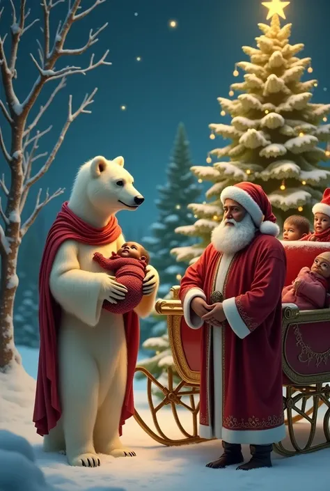 Jesus stands serenely in a beautiful Christmas setting, dressed in his classic light-colored tunic with a flowing red mantle over his shoulder. Beside him, a magnificent polar bear gently holds a six-month-old baby with dark skin, dressed in a cozy red out...