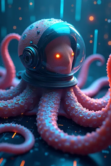 octopus with space helmet spreading its tentacles touching blockchain data