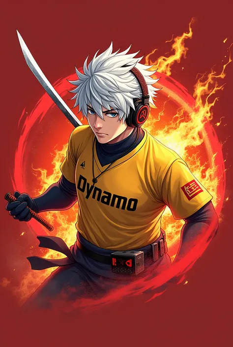 anime logo,  male, white hair wearing headphones, holding a katana with a red aura effect, wearing a yellow esports shirt, on the shirt there is the word “DYNAMO” with flames burning,
