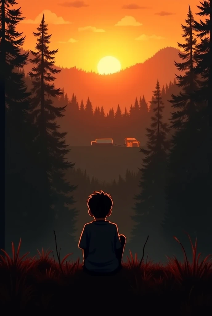 "The boy sitting alone near the forest edge at sunset, looking regretful and thoughtful. The serene atmosphere contrasts with his internal turmoil, with the forest behind him and the village visible in the distance."
