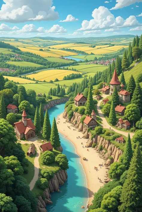 A whimsical, fabulous scene unfolds from a birds-eye view, Below lies a charming village with quaint houses, a rustic-style chicken coop and a serene river with a beautiful sandy beach. The landscape stretches to a lively forest and a picturesque village l...