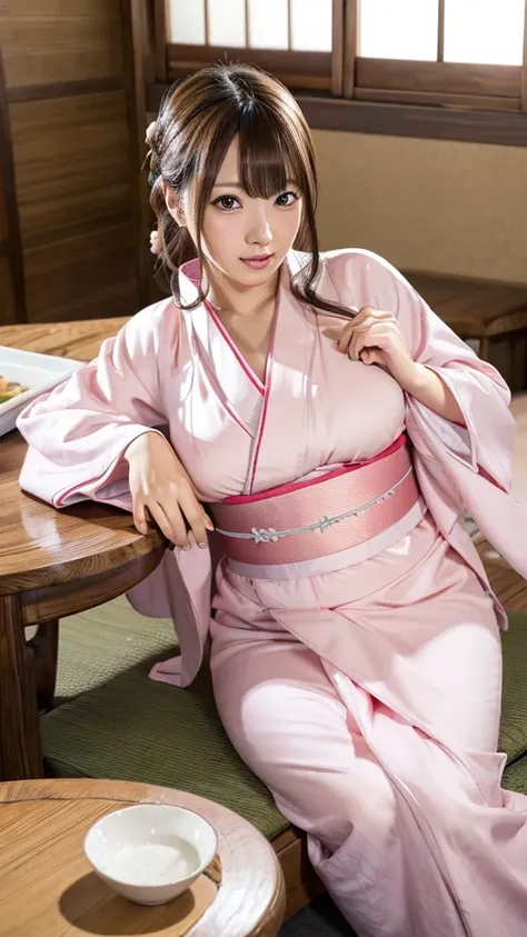    digital illustration , (  realistic :1.3),(  RAW photo .), (  table top bed , top quality ,  super high resolution output image  ,) (8K quality,),(  ultra HD mode image  ,),(  ultra HD mode image  )　 1 beautiful woman、Pink Yukata、 wet hair 、 big eyes、 b...