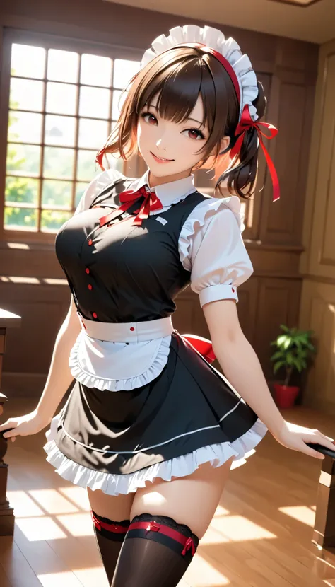 masterpiece,  top quality ,  high res, Chika 1 ,  Fujiwara Chika, Maid dress, chest,  red ribbon , blunt bangs, large chest,  cowboy shot, smile, indoor,  sexy pose taken from the butt, chestが出ている, Maid, Maid服, black Maid dress, about, Maid about,  miniski...