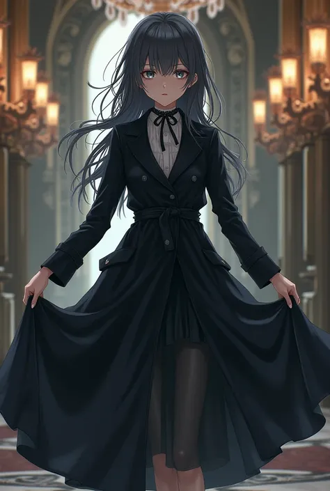 anime girl with dark gray long hair dark gray pupils with eyebags, wearing dark gray trench coat, dancing at the ballroom, high quality, high resolution 