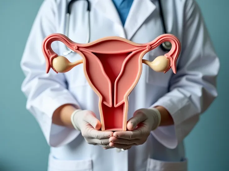 This image shows a medical professional, wearing a white coat and gloves, holding an anatomical model of the human uterus. The model displays the internal parts of the uterus, including structures such as the uterine wall, ovaries, and fallopian tubes, wit...