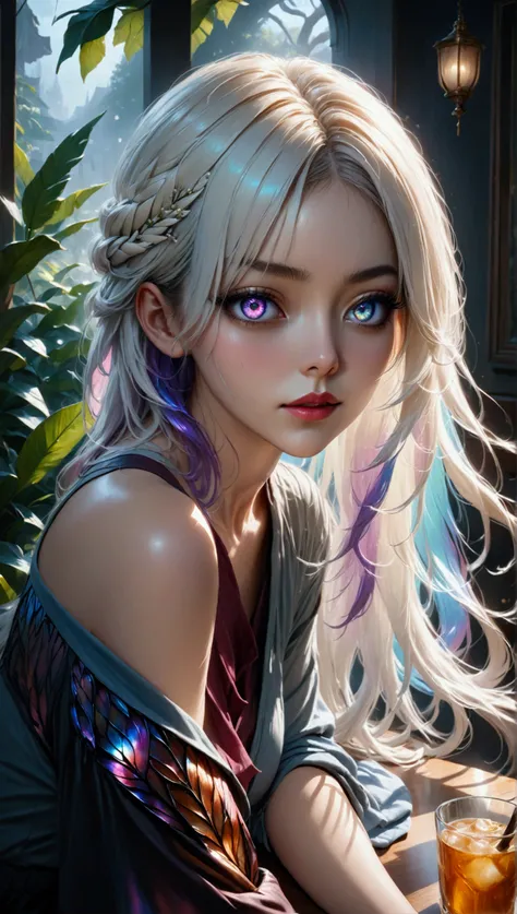 (masterpiece, aesthetic, detailed eyes,ultra-sharp realistic), 1girl, Long white hair,inner dark iridescent hair, dark iridescent eyes, sitting in casual clothes, super detail, best quality, 8k