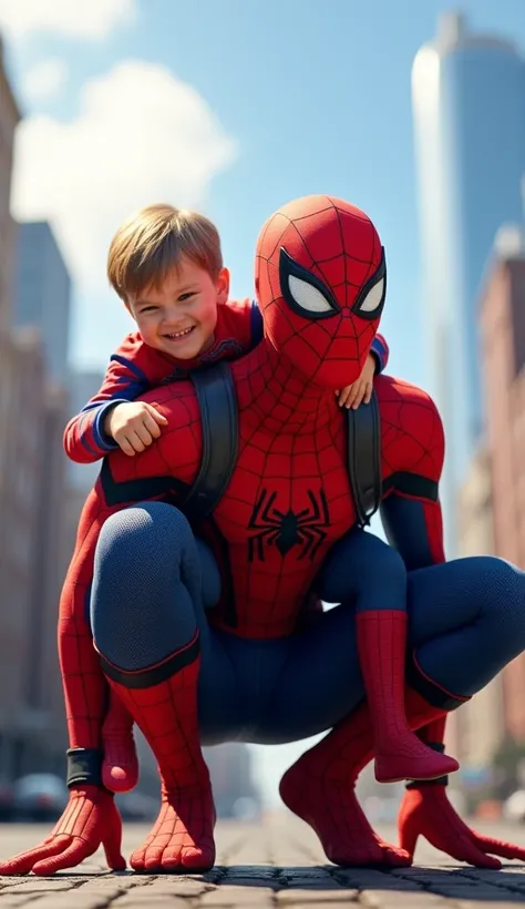 "Close-up shot of Spiderman carrying his   on his back. The  resembles Spiderman with a red and blue costume similar to his father but sized for a small . The s face is visible, smiling with excitement, and without a mask. Spiderman is crouching slightly, ...