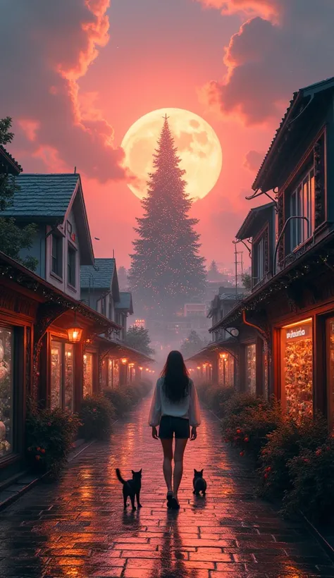 A hill with fantastic clouds and a spectacular sunset 。You can overlook the cyberpunk futuristic city and coastline 。 There is a huge Christmas tree taller than a cloud towering in the center。 The cobblestone aisle after the rain reflects the glittering li...