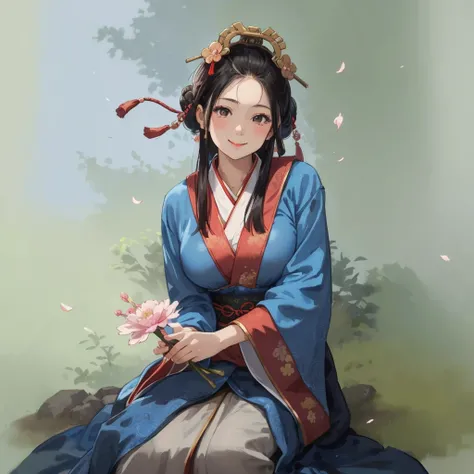 masterpiece, best quality, ultra-detailed, high resolution, detailed cute girl, 14yo, ancient Chinese costume, large breasts, holding a flower, smile, side lighting