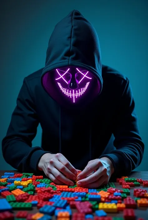 Man in black hoodie, wearing a neon mask and he is building lego