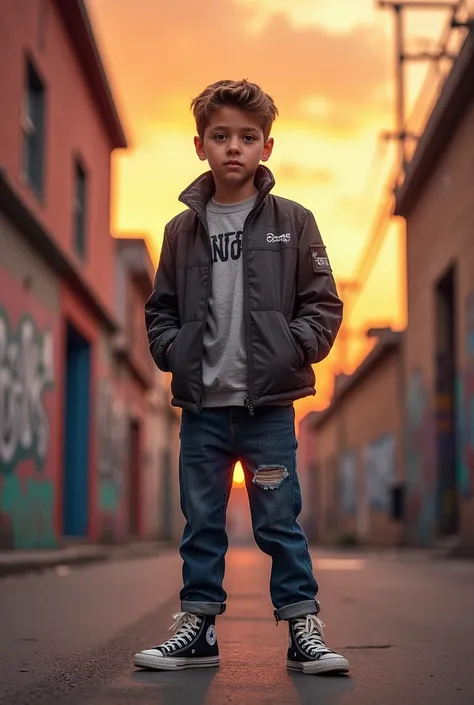 “A boy standing confidently wearing Converse shoes, with the title ‘Converse Boy’ above him. The background features an urban cityscape, graffiti walls, or a sunset sky for a youthful and modern vibe.”