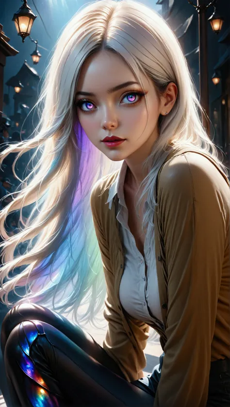 (masterpiece, aesthetic, detailed eyes, realistic), 1girl, Long sstraight white hair,inner dark iridescent hair, dark iridescent eyes, sitting in casual clothes, super detail, best quality, 8k