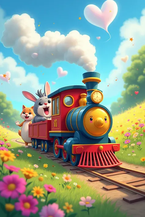 The friendship train on a winding path through a colorful meadow. ren and animals clap, wave, and sing along while the train puffs out cheerful smoke shaped like hearts and stars into the bright sky.