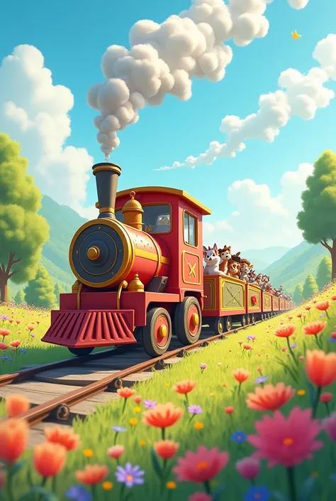 The friendship train on a winding path through a colorful meadow. ren and animals clap, wave, and sing along while the train puffs out cheerful smoke shaped like hearts and stars into the bright sky.