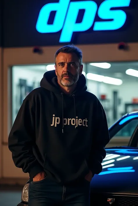  image of a 36-year-old man leaning on a Nissan Skyline 32 in front of an auto repair shop, with a black hoodie that has an inscription on the chest that says jp project ,the mechanical workshop with a sign that says dps illuminated with neon blue 