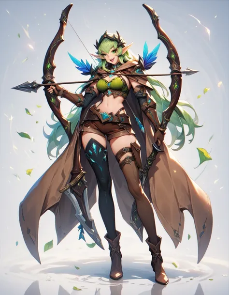 High Elf Archer,1girl,elf,pointy ears,solo,bow (weapon),green eyes,long hair,weapon,shorts,gloves,open mouth,boots,smile,asymmetrical sleeves,uneven sleeves,green hair,brown shorts,black gloves,sidelocks,looking at viewer,full body,holding,thighhighs,cloak...