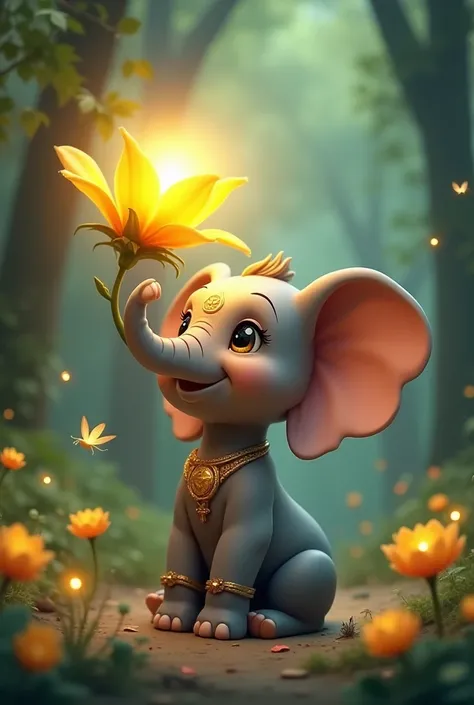 Cartoon 3D image:The baby elephant with sacred marking, holding a radiant, golden flower in his trunk, surrounded by tiny, glowing forest spirits watching him with respect.