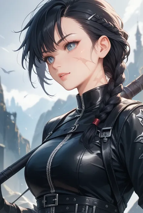 Girl (19 years),  black hair with silver tips, braided, Black leather outfit,  black dragon , Battle scars , warrior 