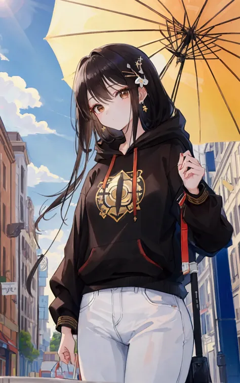 (super detailed:1.2, masterpiece:1.2, best quality:1.2, high res:1.2), Black hair,  raised hair , Hairpin, Hairpin 꽃은 머리, neat appearance, earring, brown eyes,  white hoodie ,  jeans,  and a sword and shield hanging on her back, long legs, piercer, People ...