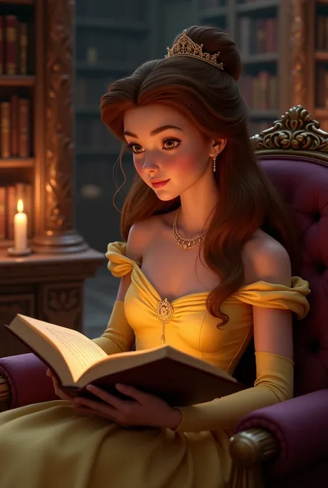 Create a photo of Princess Belle reading a book