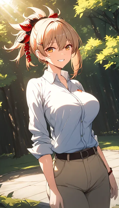 a woman wearing a cozy cardigan, collared polo shirt, and khaki pants, standing in a peaceful outdoor setting, sunlight streaming through the trees, warm colors, serene atmosphere, (best quality,4k,8k,highres,masterpiece:1.2), elegant pose, yoimiya, bangs,...