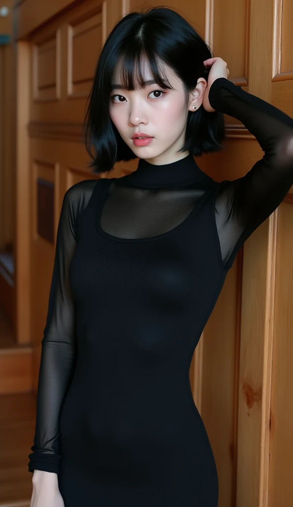 The image is a portrait of a young Korean woman posing in a room with a wooden staircase in the background. She is wearing a long-sleeved, black dress with a high neckline and long sleeves. The dress has a ribbed texture and appears to be made of a sheer f...