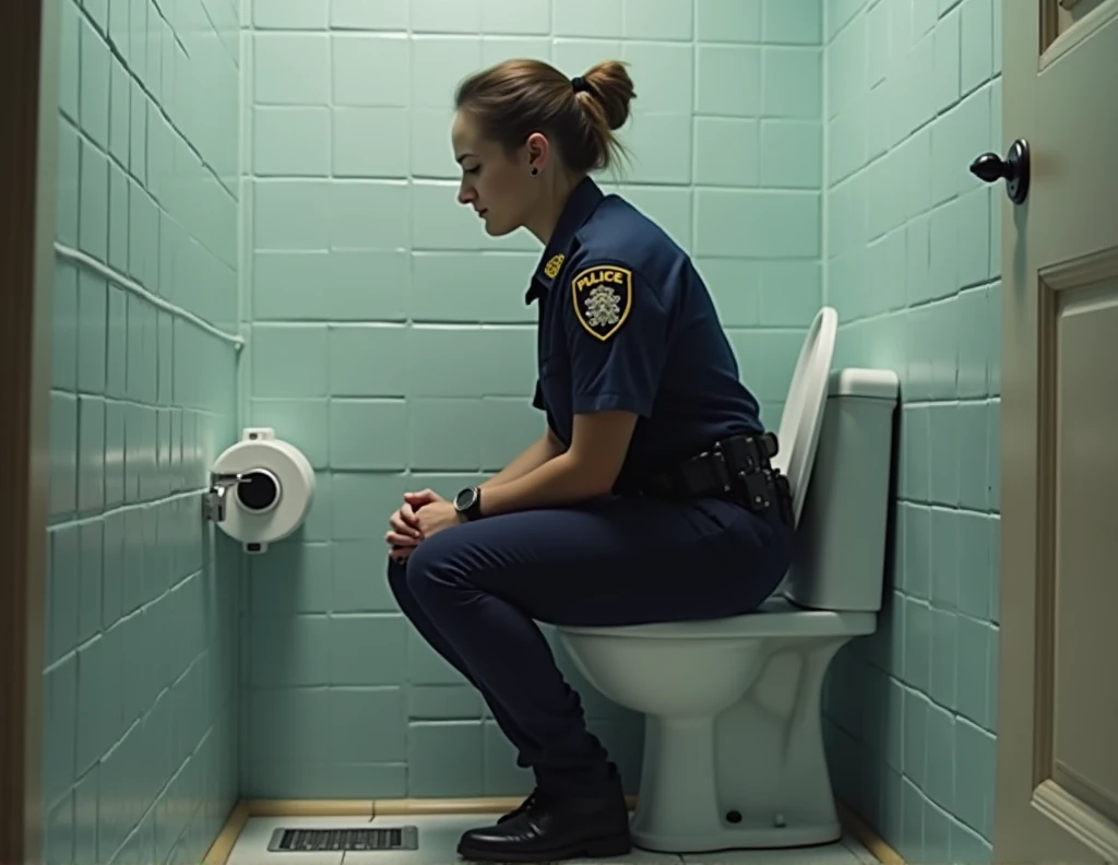 white female cop pooping on toilet with her knees pressed together