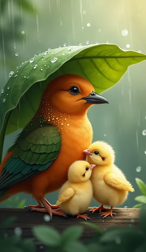 A serene and heartwarming illustration of a mother bird sheltering her chicks under a large, glossy green leaf during a gentle rain. The mother bird features vibrant plumage with orange, green, and brown tones, highlighted by intricate details, especially ...