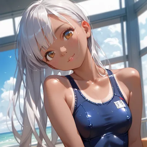 score_9, score_8_up, score_7_up, source_anime, 1 girl, school swimsuit, scrawny, anatomically correct, beautiful, detailed silver hair, suntan, brown skin, beautiful body, cute face, masterpiece, best quality, highly detailed