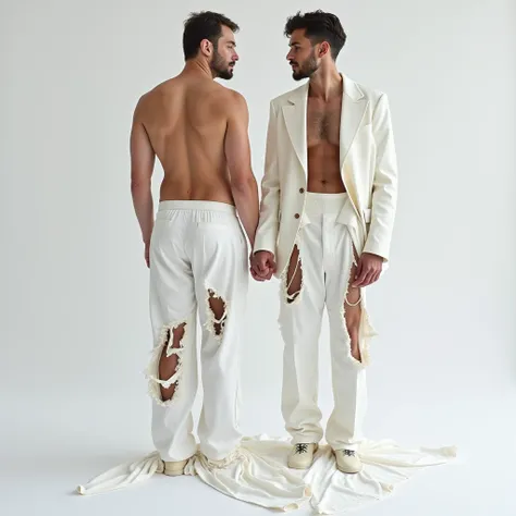 three shirtless man in love in a white open crazy designer ripped fantasy suit standing in on a white fabrics, hyper close to each other, touching, by Juriaen van Streeck, 2023 fashion, charli bowater and artgeem, fashion design, 18 yo berber boy, thin-wai...