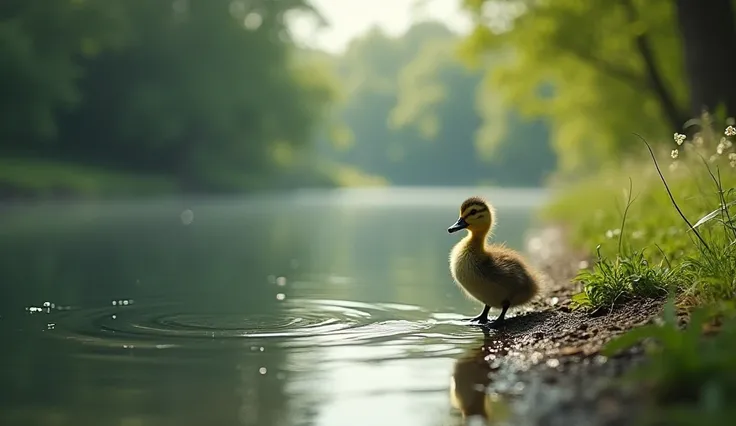 A picturesque lakeside surrounded by lush green vegetation and soft sunlight. A small, awkward-looking duckling sits sadly at the edge of the water. The atmosphere feels peaceful yet melancholic, with ripples gently forming on the lakes surface."