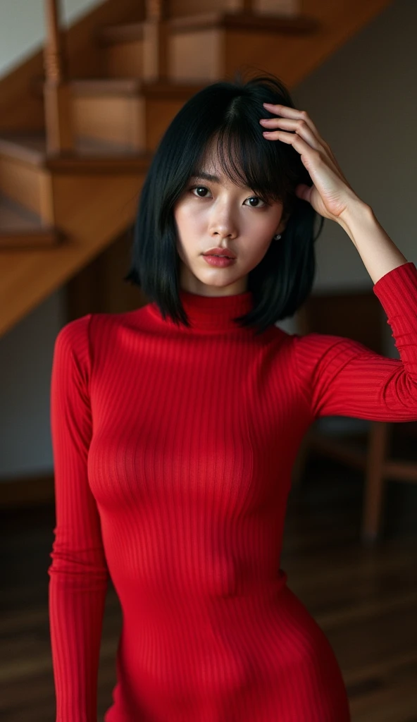 The image is a portrait of a young Korean woman posing in a room with a wooden staircase in the background. She is wearing a long-sleeved, red dress with a high neckline and long sleeves. The dress has a ribbed texture and appears to be made of a sheer fab...