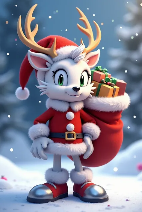 "A cartoon Schomburgks deer character in the art style of Sonic the Hedgehog, dressed in a festive Santa Claus outfit. The character has platinum-colored fur, elegant antlers decorated with small holiday ornaments, and a shy, endearing expression. He wears...