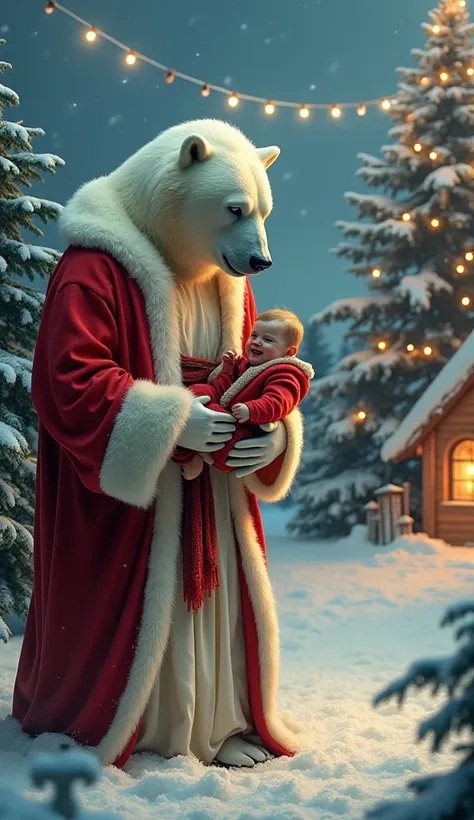 Jesus stands peacefully in the center of a magical Christmas scene, wearing his classic light tunic and a flowing red mantle over his shoulder. Beside him, a massive, majestic polar bear dressed in a full Santa Claus outfit—complete with a red coat, white ...