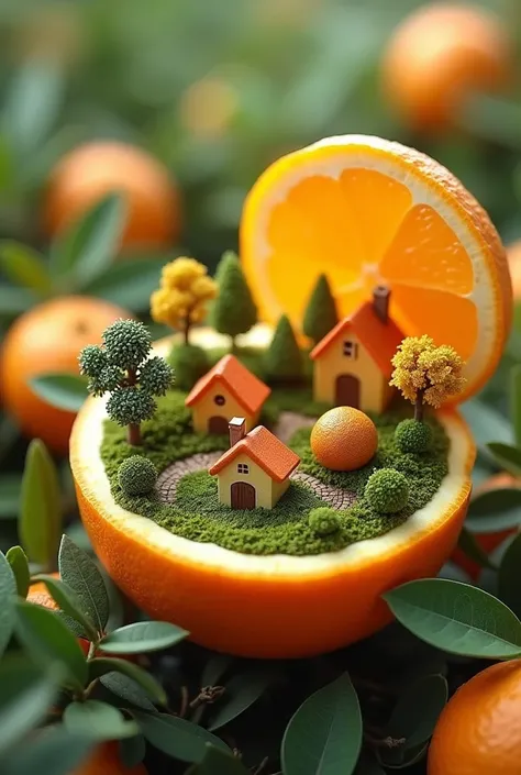 “Create a creative advertisement featuring an orange as a miniature world with tiny houses and trees inside, symbolizing freshness and nature, with the tagline ‘A World of Freshness in Every Orange.’”