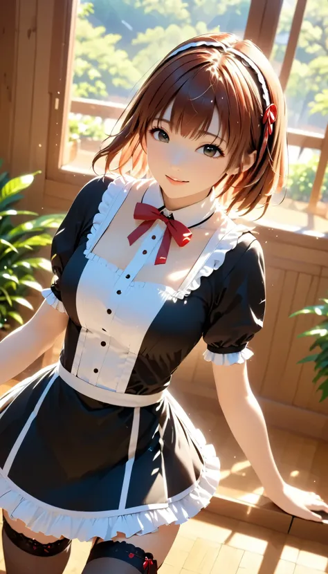 masterpiece,  top quality ,  high res, Clear facial depiction, accurate hand depiction, Chika 1 ,  Fujiwara Chika, Maid dress, chest,  red ribbon , blunt bangs, large chest,  cowboy shot, smile, indoor,  sexy pose taken from the butt, chestが出ている, Maid, Mai...