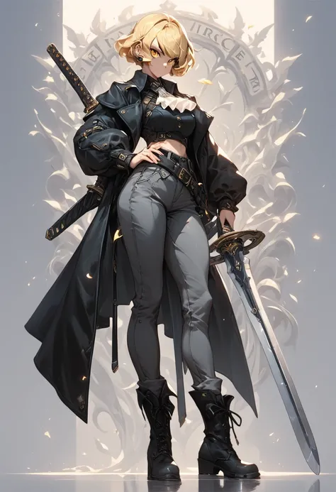 1girl,weapon,sword,solo,blonde hair,pants,holding weapon,holding,holding sword,short hair,full body,black footwear,standing,belt,yellow eyes,boots,ascot,hand on own hip,sheath,looking at viewer,long sleeves,character name,v-shaped eyebrows,black jacket,whi...