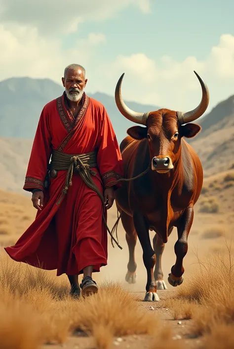 A man in red walking with a bull