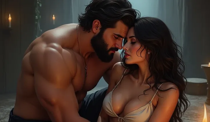 shot of man with beard and moustache holding by shoulder and looking at beautiful woman with plunging neckline, kneeling looking at submissive man, realistic style illustration