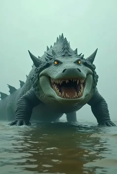 massive hybrid creature with the body of a giant crocodile and the streamlined features of a shark. The creature has the muscular, scaly body of a giant crocodile, with thick, armored green and brown skin. Its tail is long and powerful, resembling a sharks...