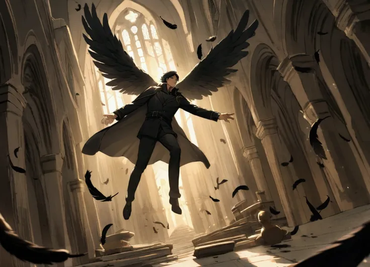 Thirty year old man, wearing black detective clothing, black hair, has a large black angel wings, feathers everywhere, floating in the middle of the church, cinematic pose, high quality, detailed