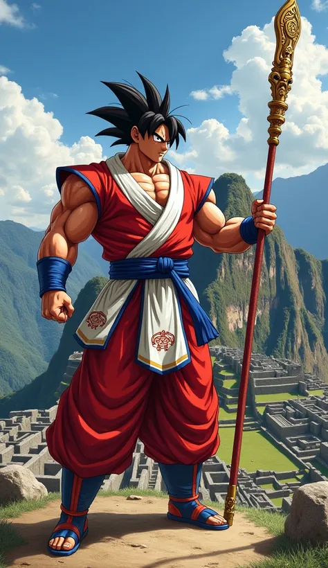 A warrior inspired by Goku from Dragon Ball, wearing clothes in red and white, representing the Peruvian flag. His kimono is decorated with patterns inspired by Incan culture, and he holds a staff resembling Andean deities. Background featuring the ruins o...