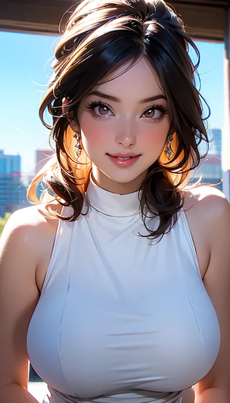 masterpiece,  top quality , masterpiece, God-like quality, Godly art,  very detailed face, High level of realism,  cute,  young girl, smile,  big eyes,  has long eyelashes,  multi-colored hair , Multicolored eyes,  glowing skin,  plump lips, Big Lips,  glo...