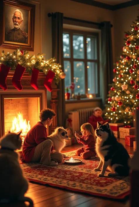 Art works packed into the space, playing pets, happy family, illuminations, decorations, fireplaces, Christmas trees, Christmas, professional and perfect composition, extremely delicate depiction, extremely clear image, various effects, bold and dynamic, c...