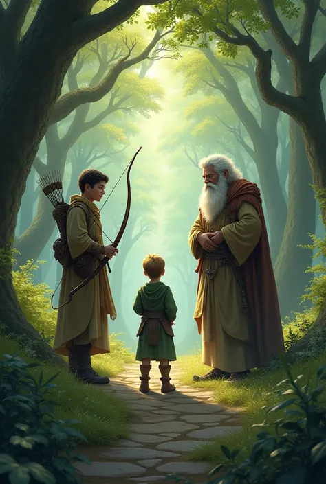 A young boy, a traveler, meets a young archer and a wise man