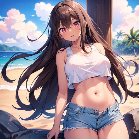 (8k、 top quality 、 top quality 、masterpiece)、 detailed face 、 One Girl 、 
(Brown Skin:1.2)、 black hair、 long hair、
pink eye、sweat、Green、
( white tank top、 denim hotpants)、
 Beach 、cloud、
belly button、Big Breasts、